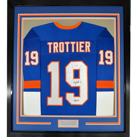 FRAMED Signed BRYAN TROTTIER HOF 97 35x39 NY Blue Jersey JSA COA