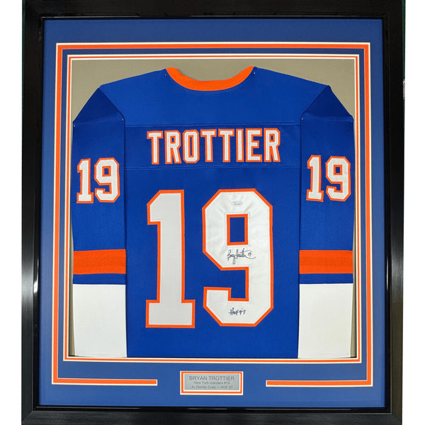 FRAMED Signed BRYAN TROTTIER HOF 97 35x39 NY Blue Jersey JSA COA