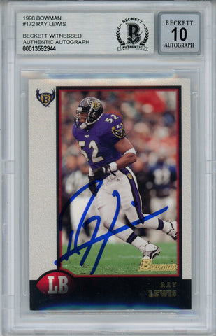 Ray Lewis Autographed 1998 Bowman #172 Trading Card Beckett 10 Slab 35245