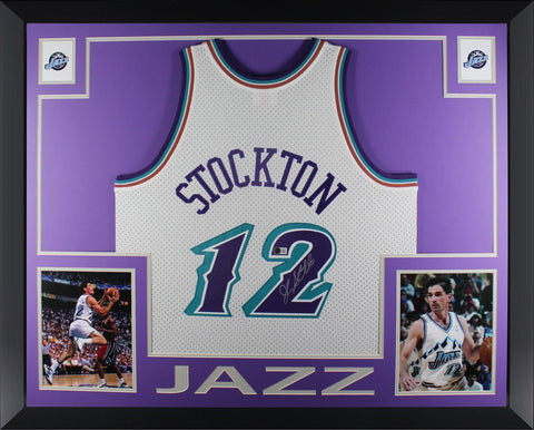John Stockton Signed Utah Jazz Mitchell Ness Swingman Framed Jersey Beckett WHT