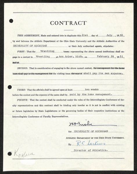 Fritz Crisler HOF Michigan Head Coach Signed/Auto Contract PSA BA199021