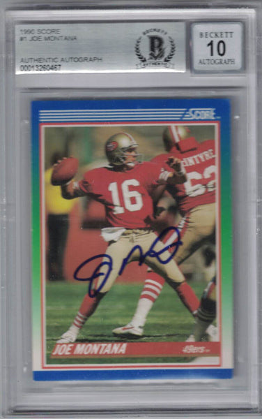 Joe Montana Autographed 1990 Score #1 Trading Card BAS 10 Slab 34627