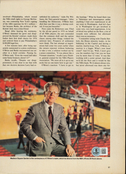 Larry O'Brien Autographed 8x11 Magazine Page Photo Commissioner Beckett BP55282