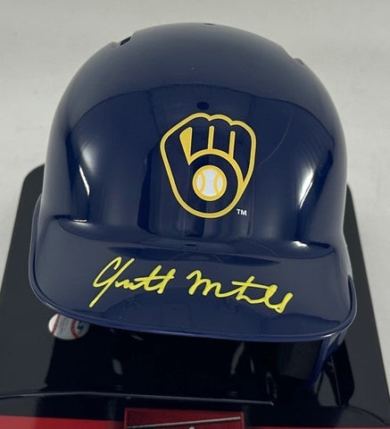 Milwaukee Brewers GARRETT MITCHELL Signed Rawlings BLUE Mini Helmet AUTO - BAS