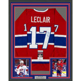 Framed Autographed/Signed John LeClair 35x39 Montreal Red Hockey Jersey JSA COA