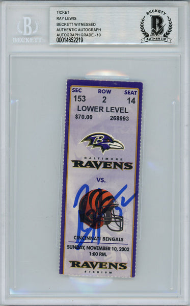 Ray Lewis Autographed/Signed 11/10/2002 vs Bengals Ticket Beckett Slab 39172