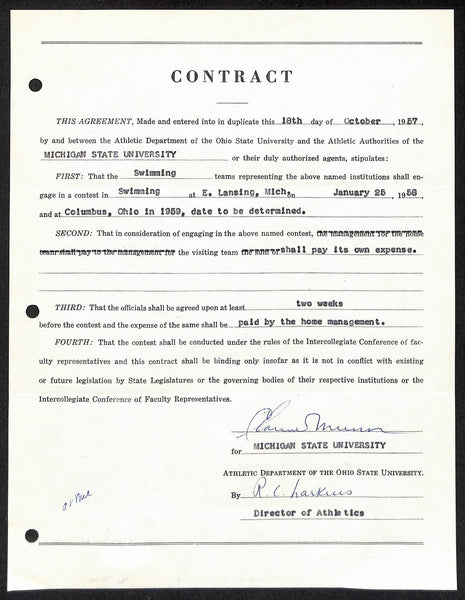 Biggie Munn HOF Michigan State Head Coach Signed/Auto Contract JSA BA199667