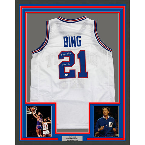 Framed Autographed/Signed Dave Bing HOF 90 35x39 Detroit White Jersey BAS COA