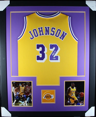 MAGIC JOHNSON (Lakers yellow TOWER) Signed Autographed Framed Jersey Beckett
