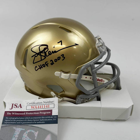 Autographed/Signed Joe Theismann CHOF 2003 Notre Dame Irish Mini Helmet JSA COA