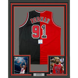 Framed Signed Dennis Rodman 35x39 Chicago Split Red/Black Jersey BAS COA