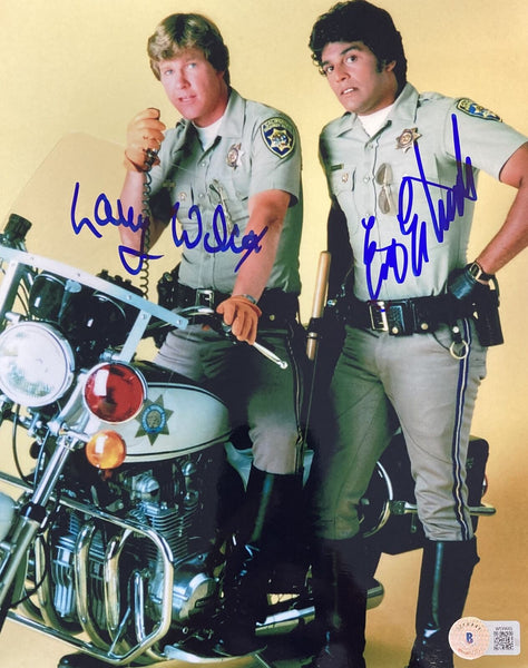 Erik Estrada Larry Wilcox Signed 8x10 CHIPS Yellow Background Photo BAS ITP