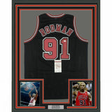 FRAMED Autographed/Signed DENNIS RODMAN 33x42 Chicago Black Jersey JSA COA Auto