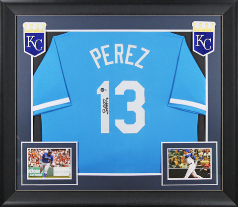 Salvador Perez Authentic Signed Light Blue Pro Style Framed Jersey BAS Witness 2