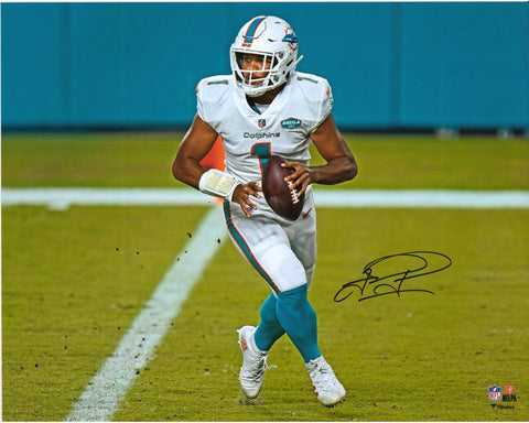 Tua Tagovailoa Miami Dolphins Signed 16" x 20" White Jersey Rolling Out Photo