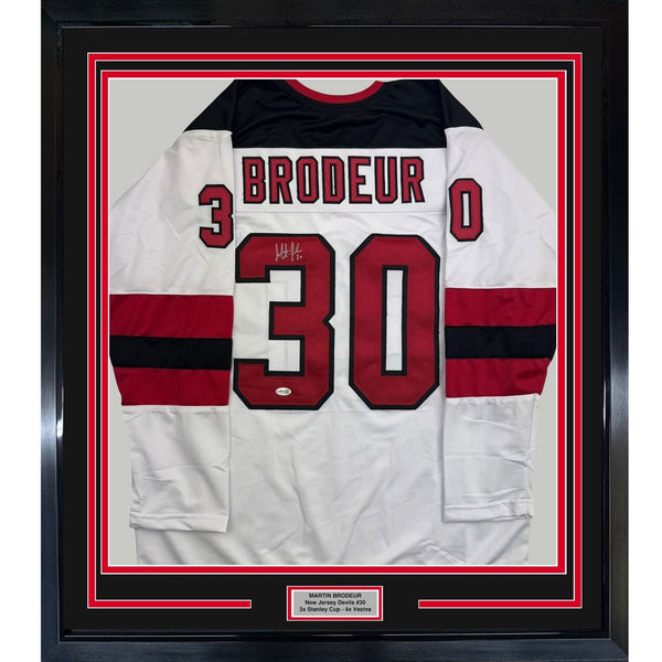 Framed Autographed/Signed Martin Brodeur 35x39 NJ White Jersey Beckett COA