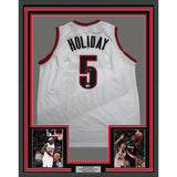 Framed Autographed Jrue Holiday 35x39 Portland White Basketball Jersey BAS COA