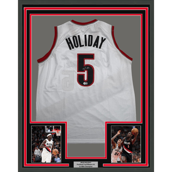 Framed Autographed Jrue Holiday 35x39 Portland White Basketball Jersey BAS COA