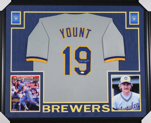 Robin Yount Signed Milwaukee Brewers 35x43 Framed Jersey (JSA QR Card) HOF 1999