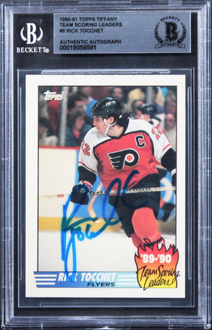 Flyers Rick Tocchet Signed 1990 Topps Tiffany Team SL #9 Card BAS Slabbed