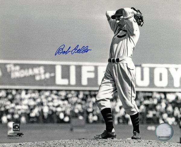 Bob Feller Signed Indians B&W Windup Pitching 8x10 Photo - (SCHWARTZ COA)