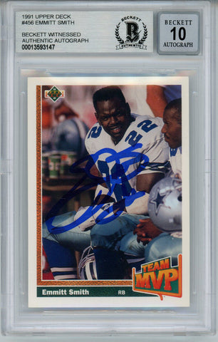 Emmitt Smith Signed 1991 Upper Deck #456 Trading Card Beckett 10 Slab 35094