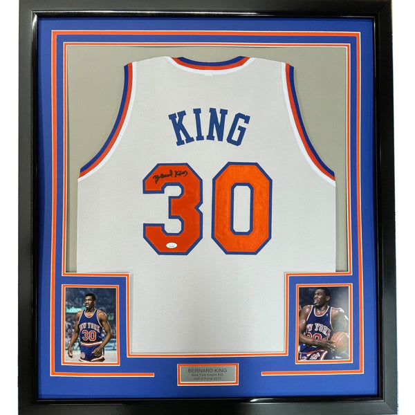 Framed Autographed/Signed Bernard King 35x39 New York White Jersey BAS COA