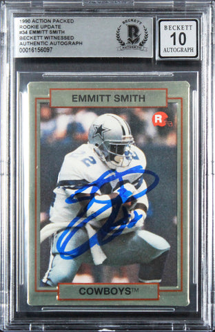 Cowboys Emmitt Smith Signed 1990 Action Packed #34 Rookie Card Auto 10! BAS Slab