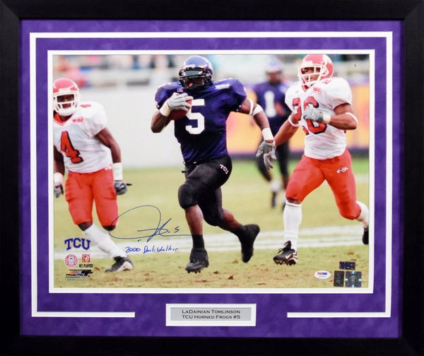 LADAINIAN TOMLINSON SIGNED TCU HORNED FROGS 16x20 FRAMED PHOTO W/ DOAK WALKER