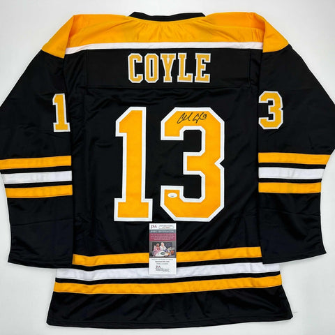 Autographed/Signed Charlie Coyle Boston Black Hockey Jersey JSA COA