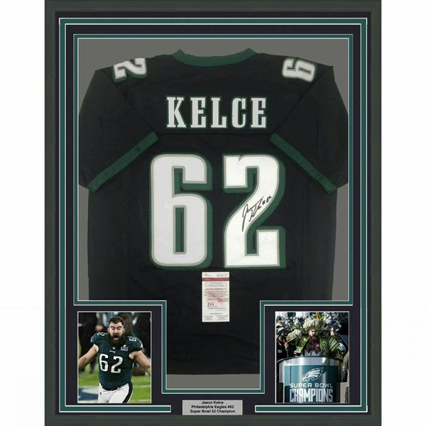 FRAMED Autographed/Signed JASON KELCE 33x42 Philadelphia Black Jersey JSA COA