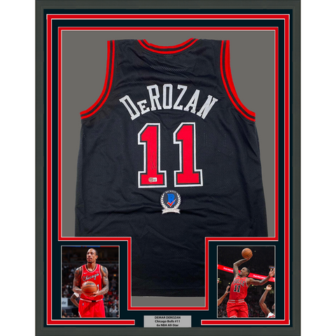 Framed Autographed/Signed DeMar DeRozan 33x42 Chicago Black Jersey BAS COA