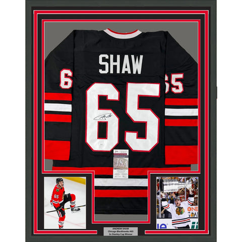 Framed Autographed/Signed Andrew Shaw 35x39 Chicago Black Hockey Jersey JSA COA