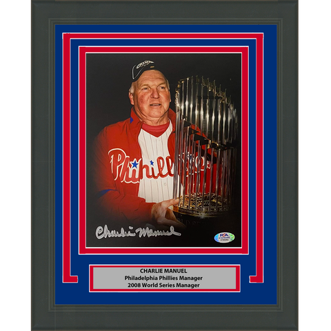 Framed Autographed/Signed Charlie Manuel 2008 WS Phillies 8x10 Photo PSA COA