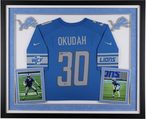 Jeff Okudah Detroit Lions Deluxe Framed Autographed Blue Nike Game Jersey