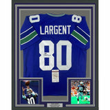 FRAMED Autographed/Signed STEVE LARGENT HOF 95 33x42 Seattle Blue Jersey JSA COA