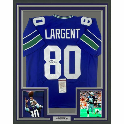 FRAMED Autographed/Signed STEVE LARGENT HOF 95 33x42 Seattle Blue Jersey JSA COA