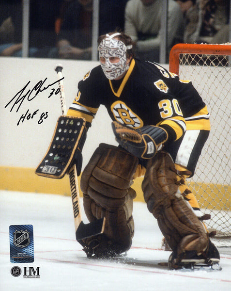 Gerry Cheevers Signed Bruins Goalie Black Jersey 8x10 Photo w/HOF'85 - (SS COA)