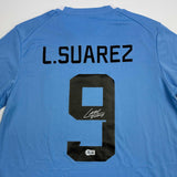 Autographed/Signed Luis Suarez Uruguay Blue Soccer Jersey Beckett BAS COA