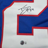 Framed Autographed/Signed Tyrone Tracy Jr. 35x39 Blue Football Jersey BAS COA #2