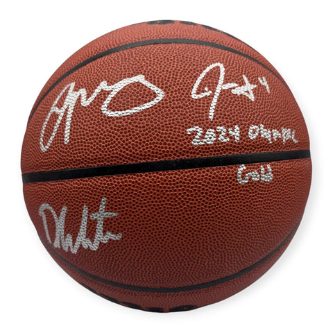 Jayson Tatum, White & Holiday Autographed Basketball 2024 Olympic Gold Inscribed