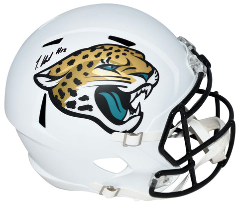 TRAVIS HUNTER SIGNED JACKSONVILLE JAGUARS WHITE FULL SIZE SPEED HELMET BECKETT