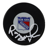 Ron Greschner Signed New York Rangers Logo Puck (JSA COA)16 Year Veteran Defense