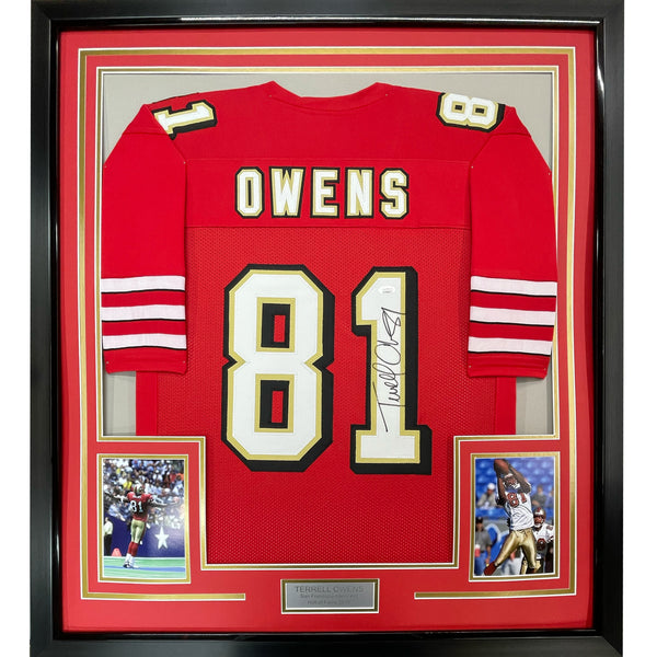Framed Autographed/Signed Terrell Owens 33x42 San Francisco Red Jersey JSA COA