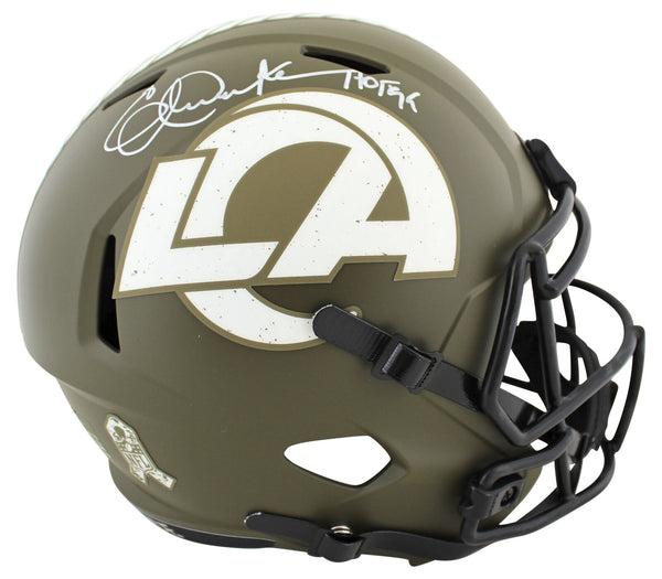 Rams Eric Dickerson "HOF 99" Signed Salute To Service F/S Speed Rep Helmet BAS W
