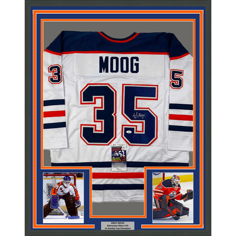Framed Autographed/Signed Andy Moog 35x39 Edmonton White Hockey Jersey JSA COA