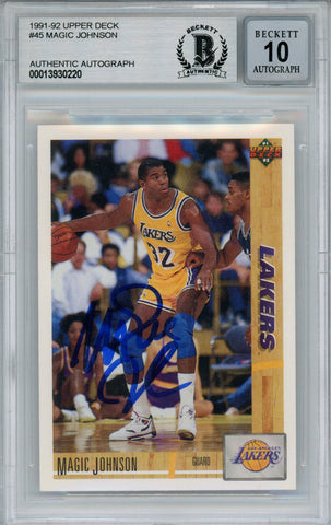 Magic Johnson Signed 1991-92 Upper Deck #45 Trading Card Beckett 10 Slab 37813