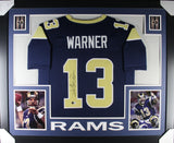 Kurt Warner Autographed Pro Style Blue XL Framed Jersey 35x43 Beckett 51243