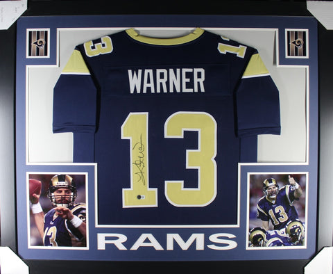 Kurt Warner Autographed Pro Style Blue XL Framed Jersey 35x43 Beckett 51243
