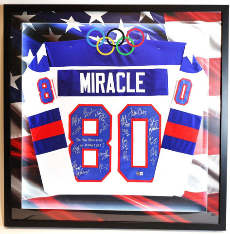 1980 Team USA "MIRACLE" Hockey Jersey 18 Autographs Custom LED LitFrame BAS COA